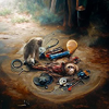 Surreal painting of a dead monkey surrounded by strange tools.png