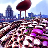An enormous mushroom with a bustling city built into it populated by odd looking creatures 2.png